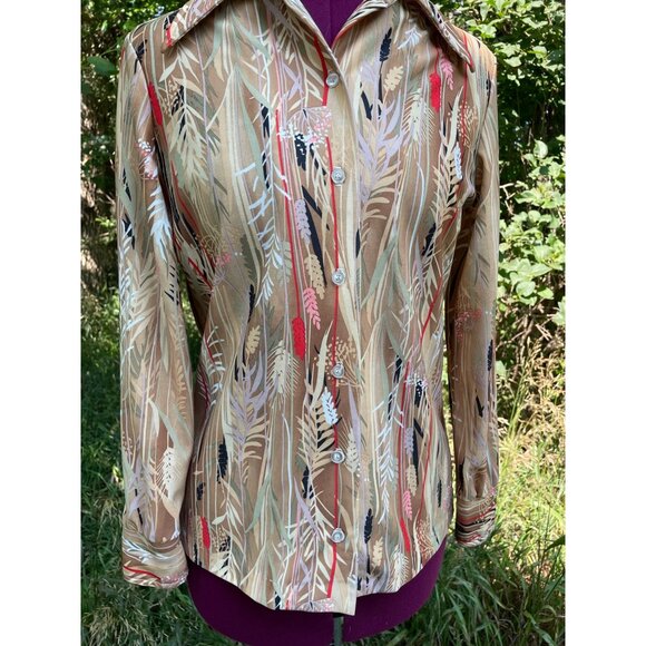 Vintage 1970s Womens Blouse Abstract Wheat plant Pattern Boho - Picture 9 of 10
